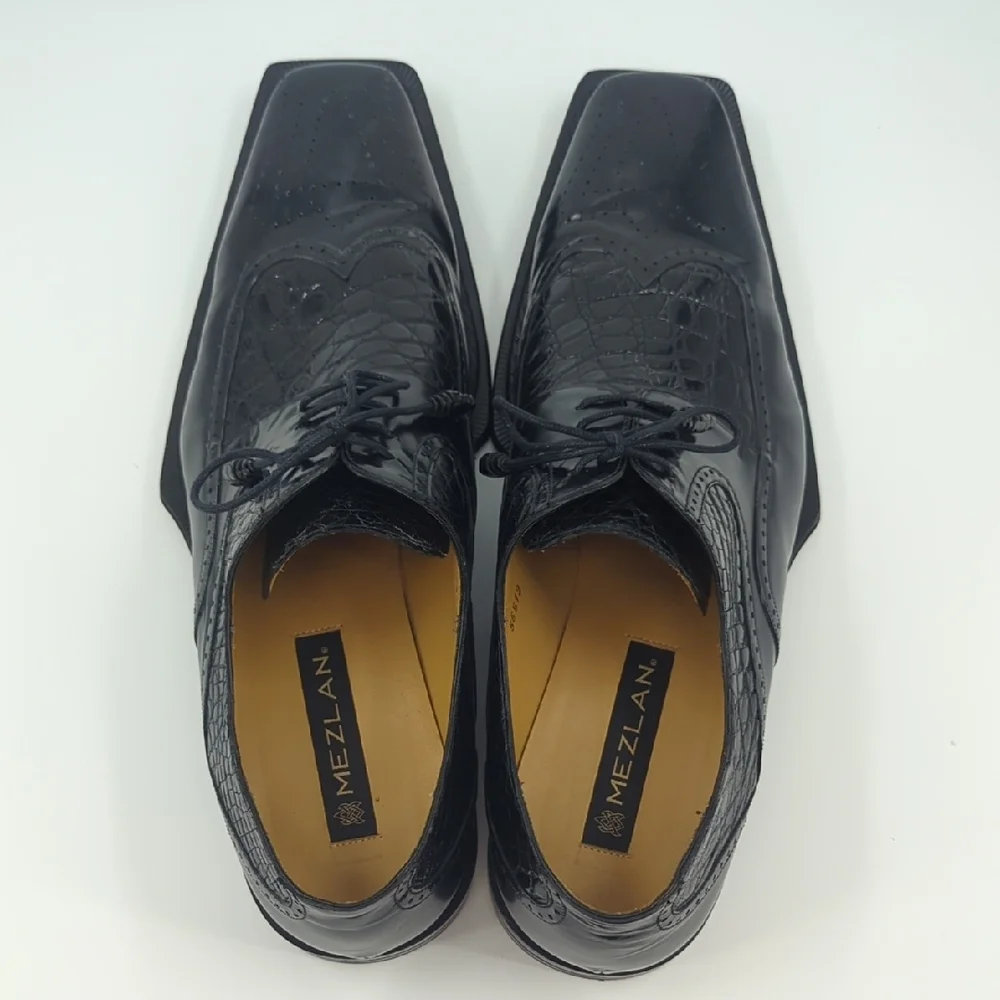 MEZLAN Platinum Wingtip Oxford Lace Up Shoes Black Crocodile Inset Sz 16 - Picture 5 of 11